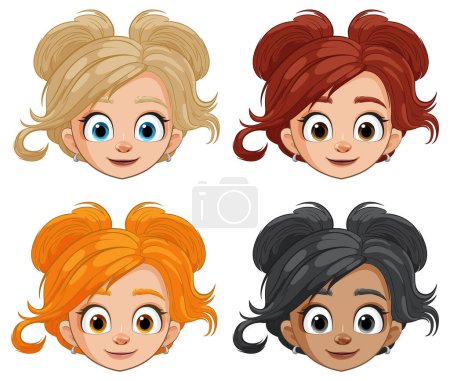 Ilustración de Cuatro caras femeninas de dibujos animados con diferentes peinados. - Imagen libre de derechos
