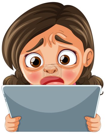 Téléchargez les illustrations : Caricature d'une fille qui a l'air anxieuse tenant un comprimé - en licence libre de droit