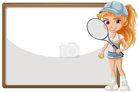 Illustration for Cartoon of a girl holding a tennis racket smiling. - Royalty Free Image