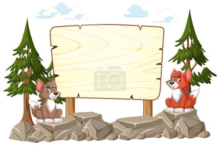 Illustration for Cartoon wolves by a wooden sign in the woods - Royalty Free Image