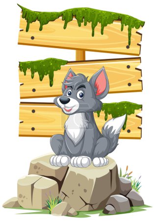 Téléchargez les illustrations : Un chien de dessin animé heureux assis sur une souche de roche. - en licence libre de droit
