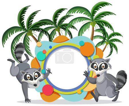 Illustration for Two lemurs around a colorful circular frame. - Royalty Free Image