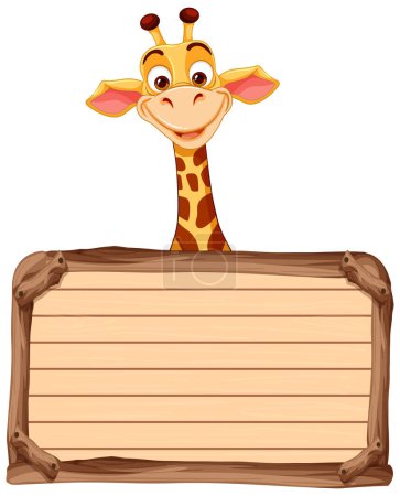 Téléchargez les illustrations : Girafe dessin animé jetant un coup d'oeil sur un panneau en bois vierge. - en licence libre de droit