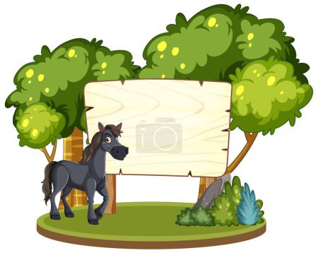 Téléchargez les illustrations : Illustration vectorielle d'un poney près d'un signe dans la nature. - en licence libre de droit