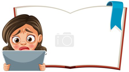 Téléchargez les illustrations : Caricature d'une fille anxieuse devant un livre vide - en licence libre de droit
