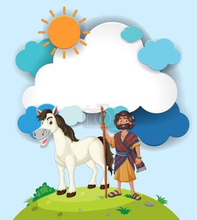 Illustration for Cartoon shepherd with horse on a sunny day - Royalty Free Image