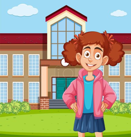Illustration for Cheerful girl standing in front of her school. - Royalty Free Image