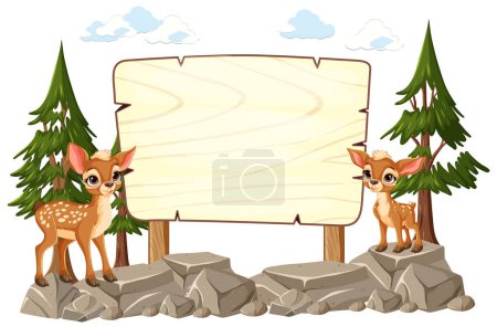 Illustration for Two cute deer by a sign in a forest setting. - Royalty Free Image