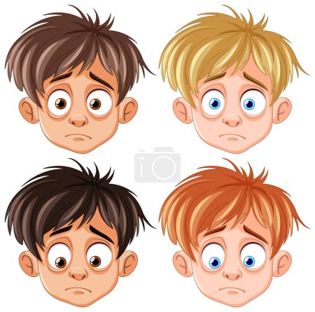Téléchargez les illustrations : Quatre garçons de dessin animé avec diverses couleurs de cheveux et expressions. - en licence libre de droit