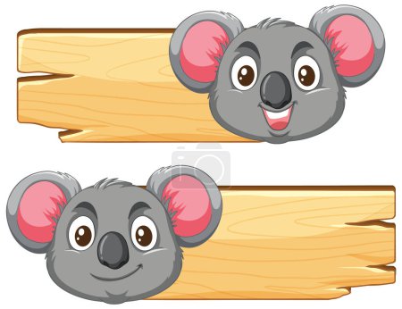 Illustration for Two koalas peeking over wooden signboards. - Royalty Free Image
