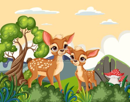 Ilustración de Dos ciervos lindos en un entorno de bosque colorido - Imagen libre de derechos