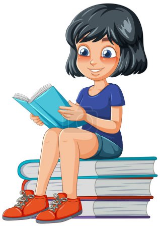 Cheerful girl sitting on books reading happily