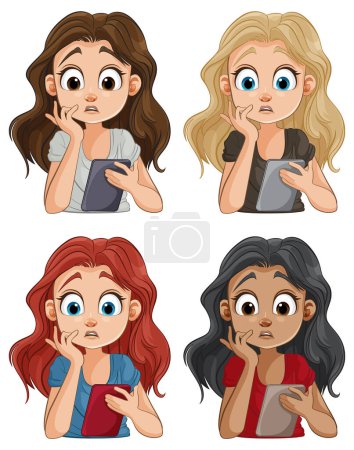 Ilustración de Cuatro mujeres con variadas expresiones de conmoción y asombro - Imagen libre de derechos