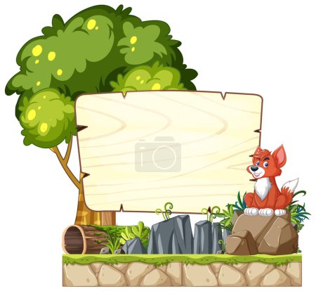 Ilustración de Dibujos animados zorro sentado al lado de un signo de madera en blanco - Imagen libre de derechos