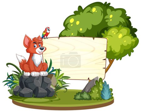 Illustration for Cartoon fox and bird beside an empty wooden sign. - Royalty Free Image