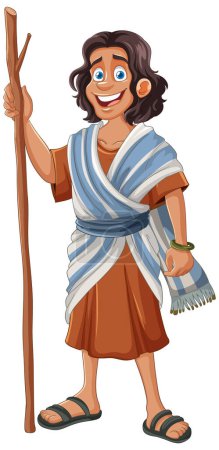 Smiling cartoon character in historical clothing with staff.