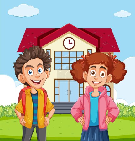 Illustration for Two smiling kids standing in front of school - Royalty Free Image