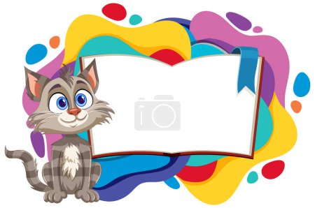 Cute cat with a blank open book on abstract background