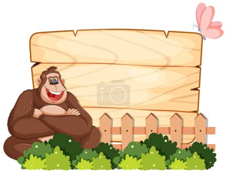 Téléchargez les illustrations : Gorille joyeux assis à côté d'un panneau vierge. - en licence libre de droit