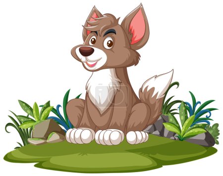 Téléchargez les illustrations : Joyeux chien de dessin animé assis parmi les plantes vertes. - en licence libre de droit