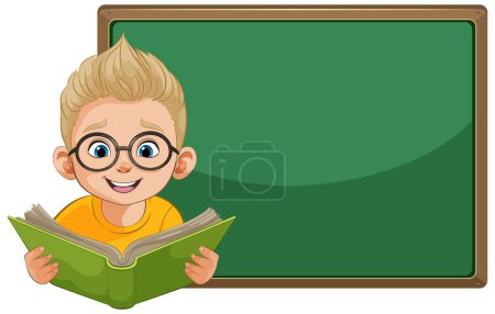 Cartoon boy reading book in front of chalkboard