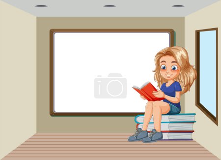 Cartoon girl reading book in a classroom setting.