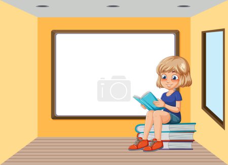 Ilustración de Dibujos animados de un niño leyendo libros en una habitación - Imagen libre de derechos