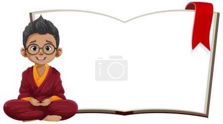 Ilustración de Dibujos animados de un niño monje estudiando un libro grande - Imagen libre de derechos