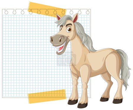 Téléchargez les illustrations : Illustration vectorielle d'un cheval heureux et d'un bloc-notes - en licence libre de droit