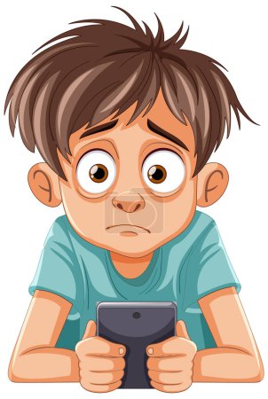 Caricature d'un garçon surpris regardant l'écran du téléphone