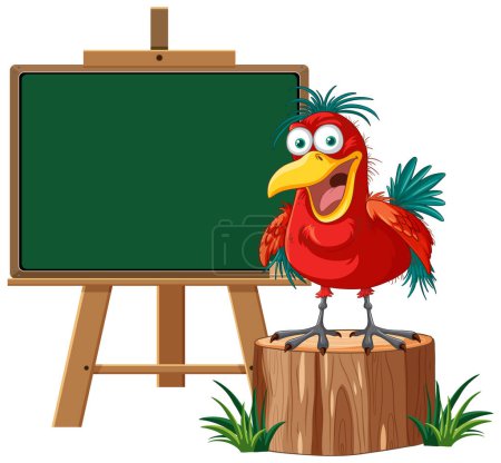 Illustration for Colorful parrot standing by an empty chalkboard - Royalty Free Image