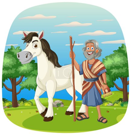 Illustration for Elderly man with horse in a pastoral landscape. - Royalty Free Image