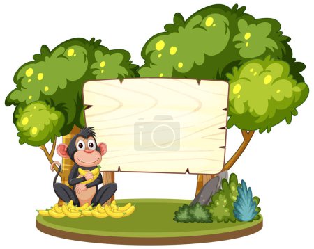 Téléchargez les illustrations : Joyeux singe assis près d'un panneau en bois parmi les arbres. - en licence libre de droit