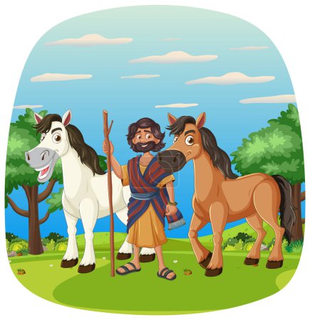 Cartoon shepherd standing with two horses outdoors.