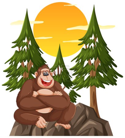 Illustration for A cheerful gorilla sits on a rock among trees. - Royalty Free Image