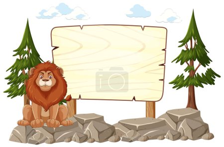 Téléchargez les illustrations : Lion de bande dessinée à côté d'un panneau dans un cadre forestier. - en licence libre de droit
