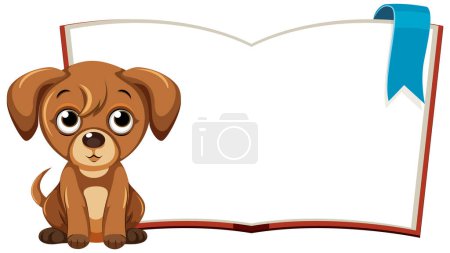 Cute brown puppy sitting by an open book