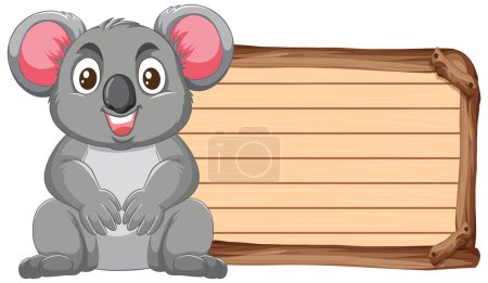 Téléchargez les illustrations : Mignon koala assis à côté d'un panneau en bois vierge. - en licence libre de droit