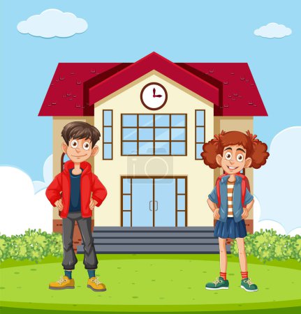 Illustration for Two cartoon children standing in front of school - Royalty Free Image