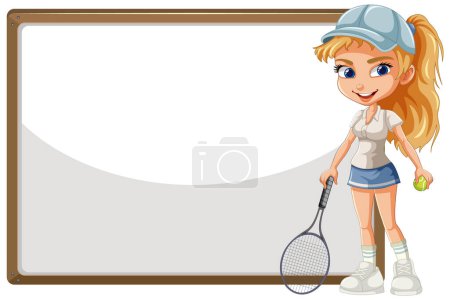 Illustration for Cartoon tennis player girl beside a blank board - Royalty Free Image