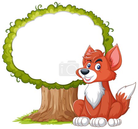 Téléchargez les photos : Illustration vectorielle d'un renard heureux avec arbre - en image libre de droit