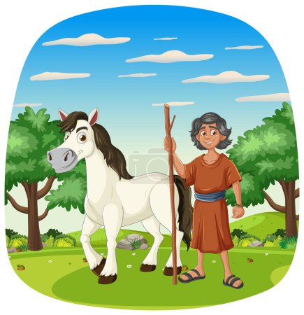 A smiling boy stands beside a white horse outdoors.