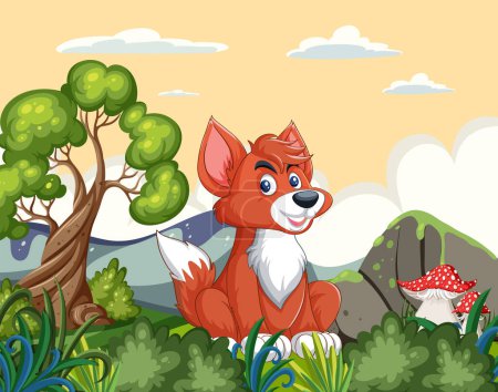 Illustration for A happy fox sits among lush greenery and trees. - Royalty Free Image