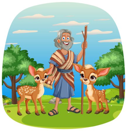 Illustration for Cheerful old man standing with two adorable deer - Royalty Free Image