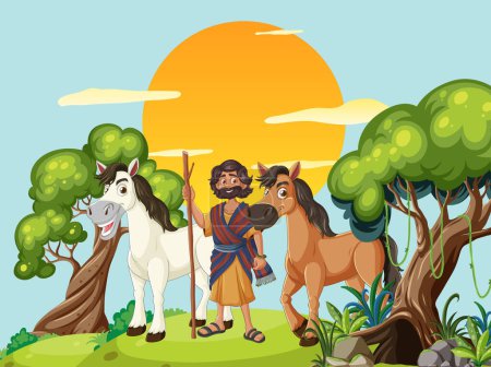 Illustration for Cartoon of a man and horses in a scenic landscape - Royalty Free Image