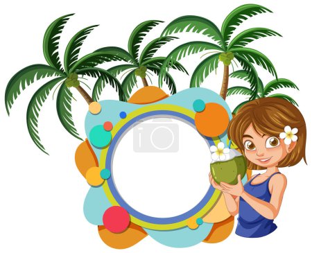 Illustration for Vector illustration of girl with coconut drink by palms. - Royalty Free Image