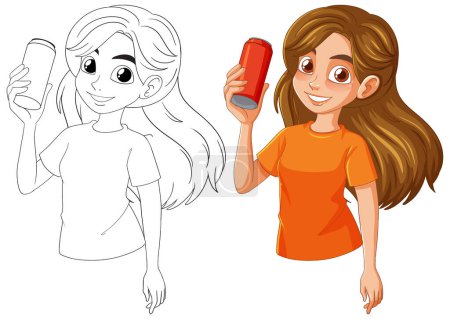 Téléchargez les illustrations : Couleur et art linéaire d'une fille tenant une canette de soda - en licence libre de droit