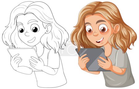 Illustration of a girl using a tablet, colored and outlined.