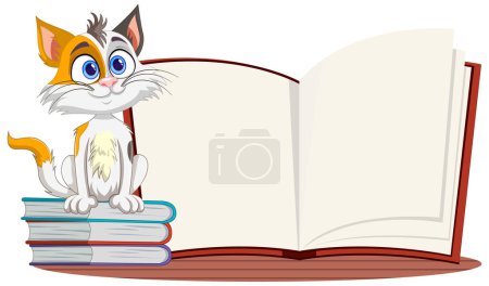 Adorable cat sitting on books beside an open book