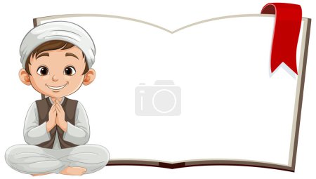 Téléchargez les illustrations : Dessin animé garçon assis, priant à côté du livre ouvert - en licence libre de droit